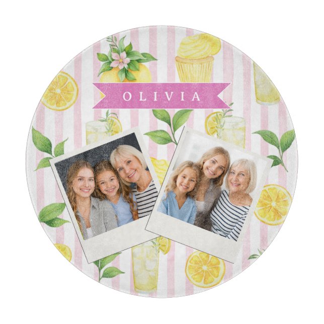 Personalized Watercolor Lemonade Cupcake Stripe Cutting Board (Front)