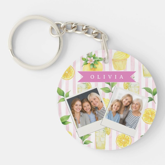 Personalized Watercolor Lemonade Cupcake Stripe Key Ring (Front)