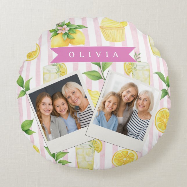 Personalized Watercolor Lemonade Cupcake Stripe Round Cushion (Front)
