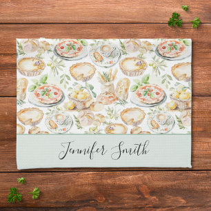 Personalized Watercolor Mediterranean Food Pattern Tea Towel