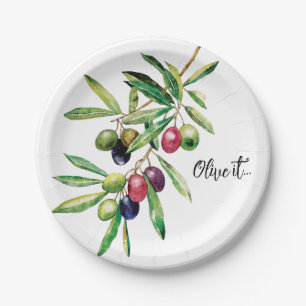 Personalized Watercolor Olive Branch Paper Plate