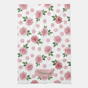 Personalized Watercolor Pink Rose Kitchen Towel