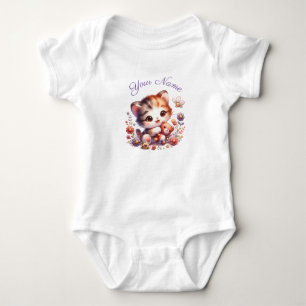 Personalized Watercolor Playing Kitten Name Baby Bodysuit