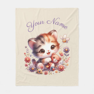 Personalized Watercolor Playing Kitten Name Fleece Blanket