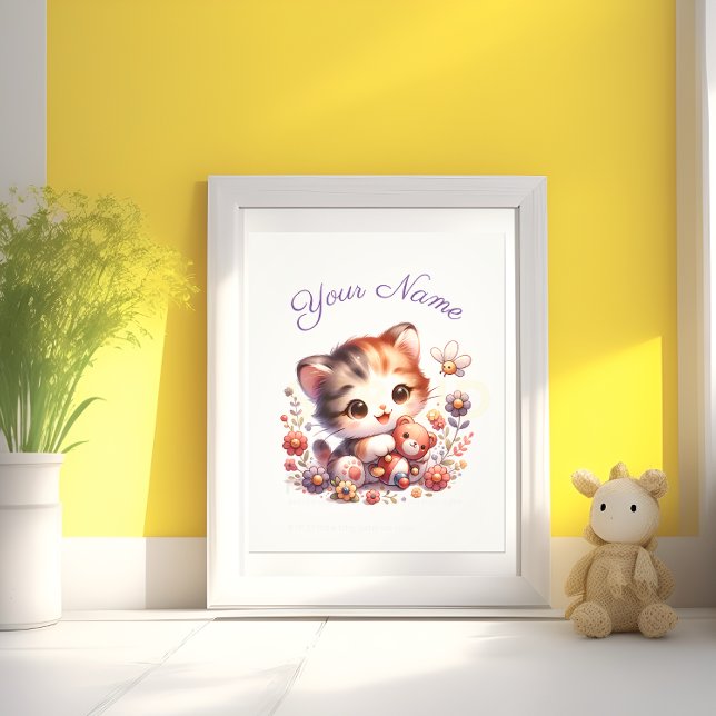Personalized Watercolor Playing Kitten Name Photo Print (Creator Uploaded)
