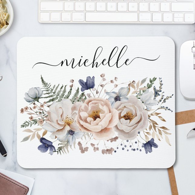 Personalized Watercolor Pretty Beige Blue Floral  Mouse Pad (In situ)