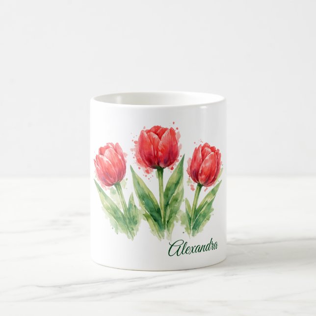 Personalized Watercolor Red Tulips  Coffee Mug (Center)