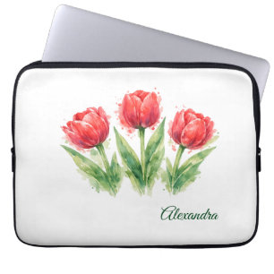 Personalized Watercolor Red Tulips Laptop Sleeve