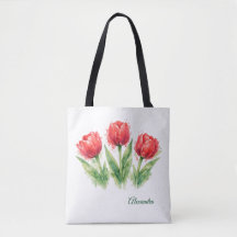 Personalized Watercolor Red Tulips Tote Bag