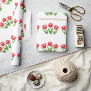 Personalized Watercolor Red Tulips Tote Bag Wrapping Paper