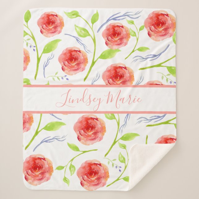PERSONALIZED WATERCOLOR ROSES SHERPA BLANKET (Front)