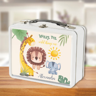 Personalized Watercolor Safari Animals Metal Lunch Box