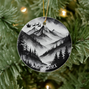 Personalized Watercolor Santa over Mountains Ceramic Tree Decoration
