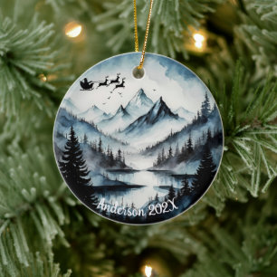 Personalized Watercolor Santa over Mountains Ceramic Tree Decoration