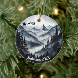 Personalized Watercolor Santa over Mountains Ceramic Tree Decoration