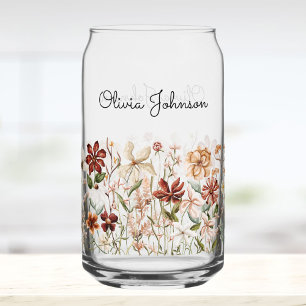 Personalized Watercolor Vintage Wildflower Floral Can Glass