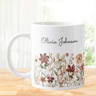 Personalized Watercolor Vintage Wildflower Meadow Large Coffee Mug