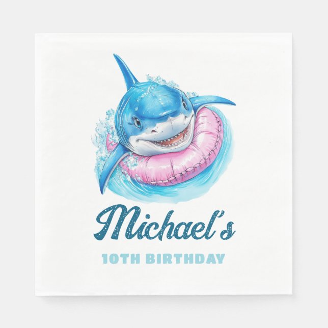 Personalized Waterpark Shark Pool Party Birthday Napkin (Front)