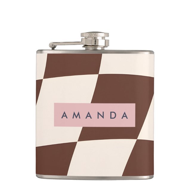 Personalized Wavy Brown Checkerboard Hip Flask (Front)