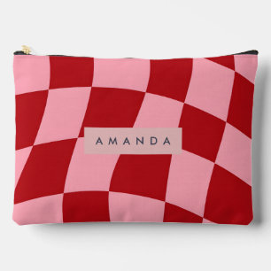 Personalized Wavy Red and Pink Checkered Accessory Pouch