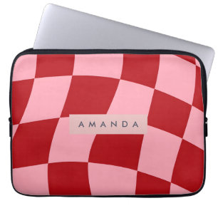 Personalized Wavy Red and Pink Checkered Laptop Sleeve