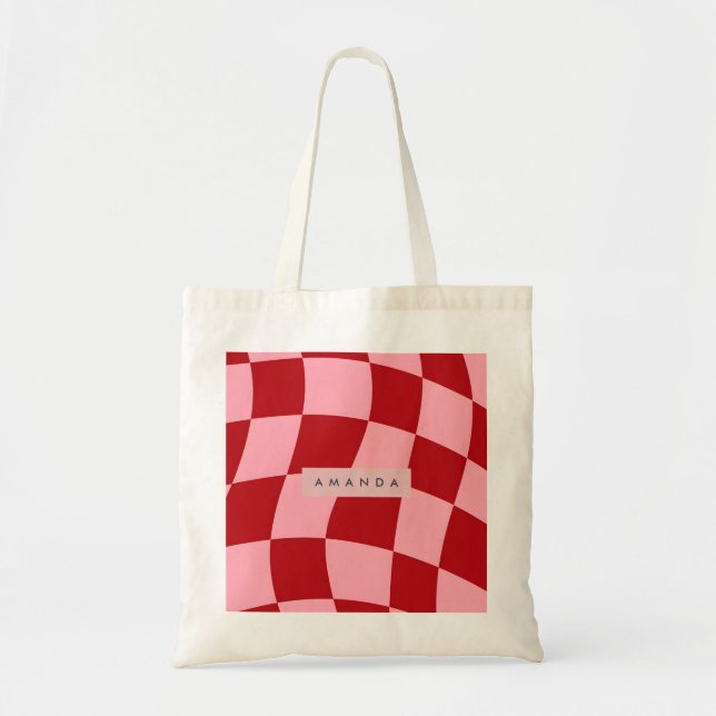 Personalized Wavy Red and Pink Checkered Tote Bag (Front)