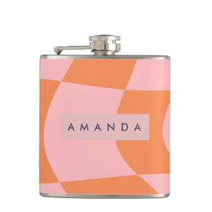 Personalized Wavy Retro Orange & Pink Checkered Hip Flask