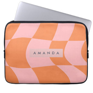 Personalized Wavy Retro Orange & Pink Checkered Laptop Sleeve