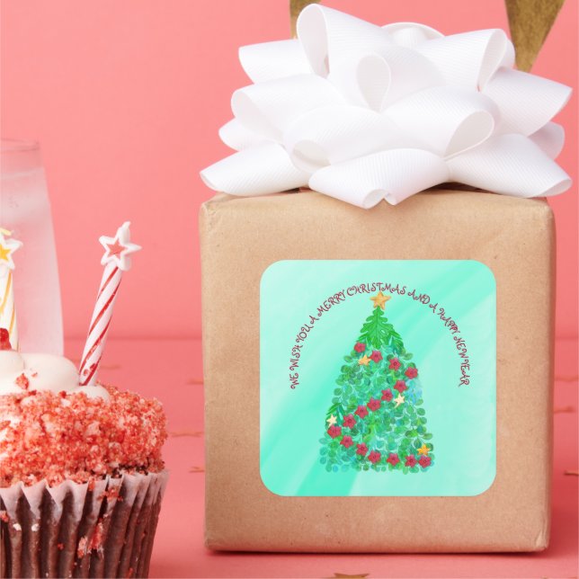PERSONALIZED WE WISH YOU A MERRY CHRISTMAS SQUARE STICKER (Party)