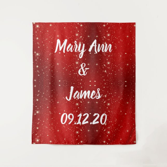 Personalized Wedding Backdrop Red Gold Lights Tapestry (Front)