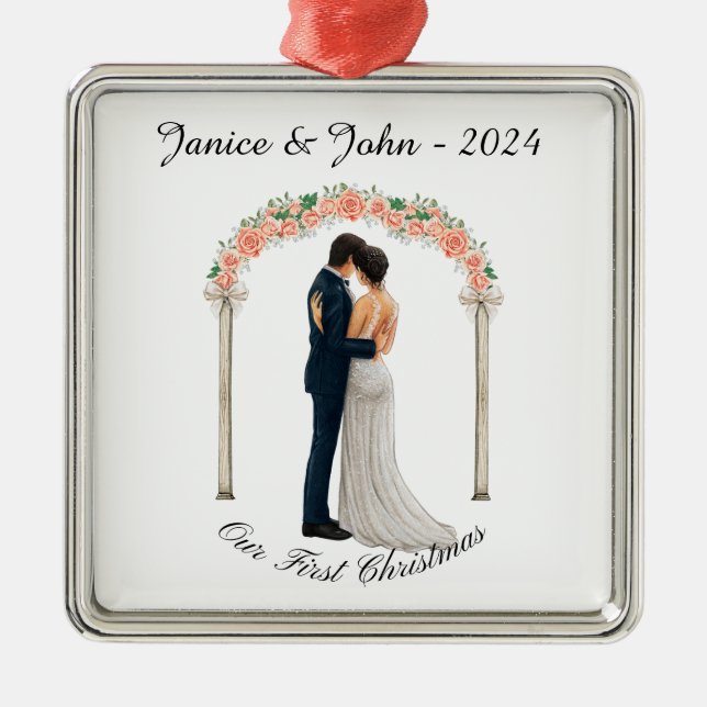 Personalized Wedding couple, our first Christmas, Metal Tree Decoration (Front)
