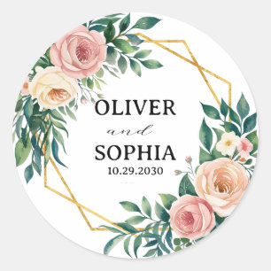 Personalized Wedding Favor Floral Gold Wreath Classic Round Sticker