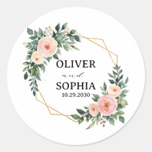 Personalized Wedding Favor Floral Gold Wreath Classic Round Sticker