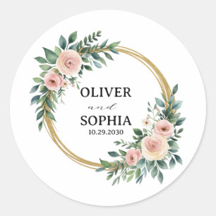 Personalized Wedding Favor Floral Gold Wreath      Classic Round Sticker
