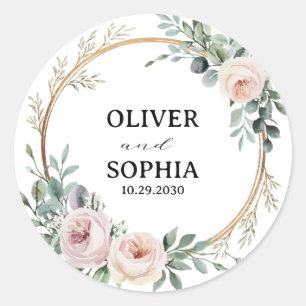 Personalized Wedding Favor Floral Gold Wreath Classic Round Sticker
