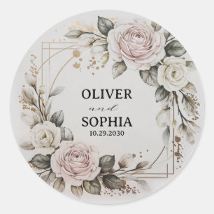 Personalized Wedding Favor Floral Gold Wreath      Classic Round Sticker