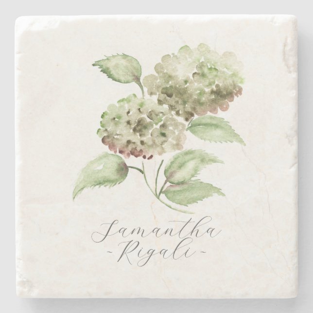 Personalized Wedding Favors Green Hydrangea Stone Coaster (Front)