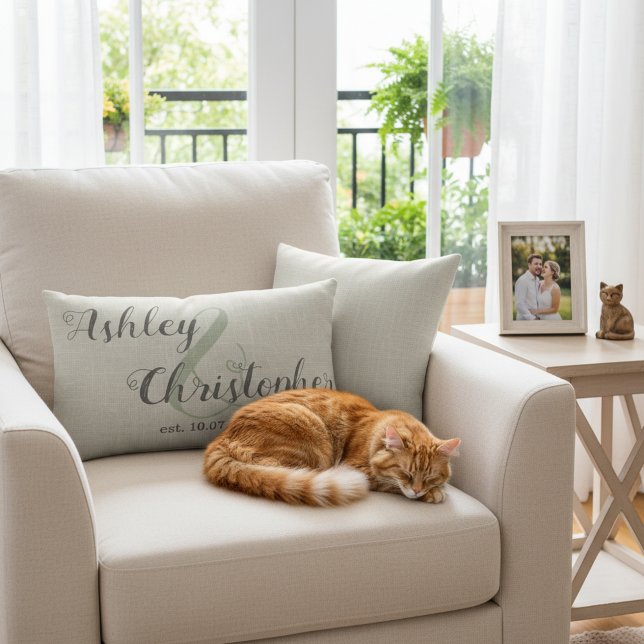 Personalized Wedding Gift: Gray Farmhouse Throw Lumbar Cushion (Wedding gift idea: Personalized neutral color pillow with newlyweds' names and wedding date.)