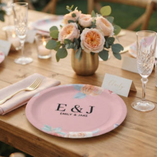 Personalized Wedding Monogram & Floral Drink Paper Plate