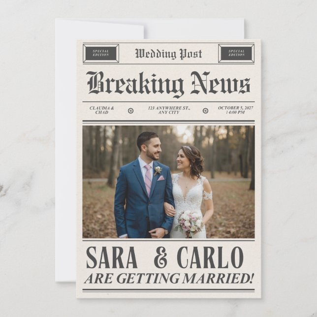  Personalized Wedding Newspaper Poster | Newlywed  Invitation (Front)