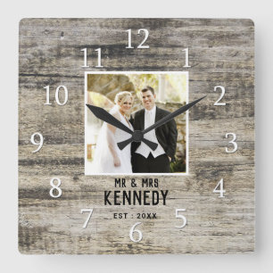 Personalized Wedding Photo Anniversary Rustic Wood Square Wall Clock