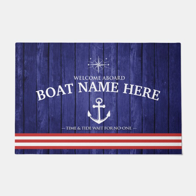 Personalized Welcome aboard Blue Boat door mat  (Front)