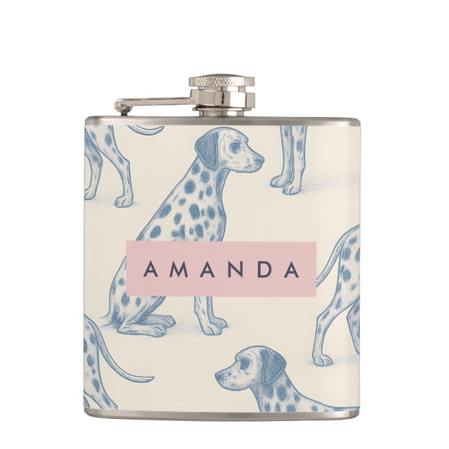 Personalized Whimsical Charming Dalmatian Pattern Hip Flask (Front)
