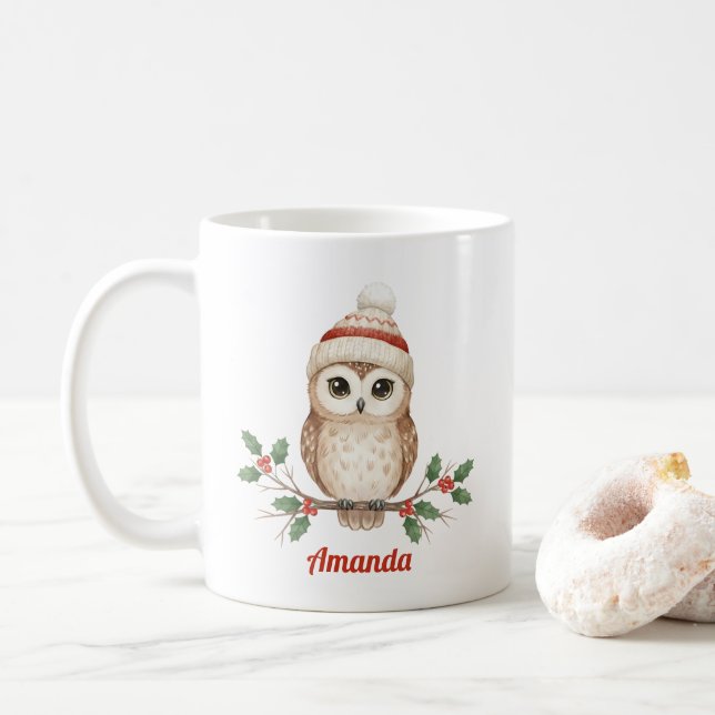 Personalized Whimsical Owl Christmas Mug (With Donut)