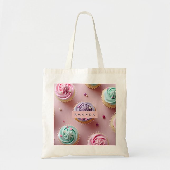 Personalized Whimsical Pastel Cupcake Swirl Tote Bag (Front)