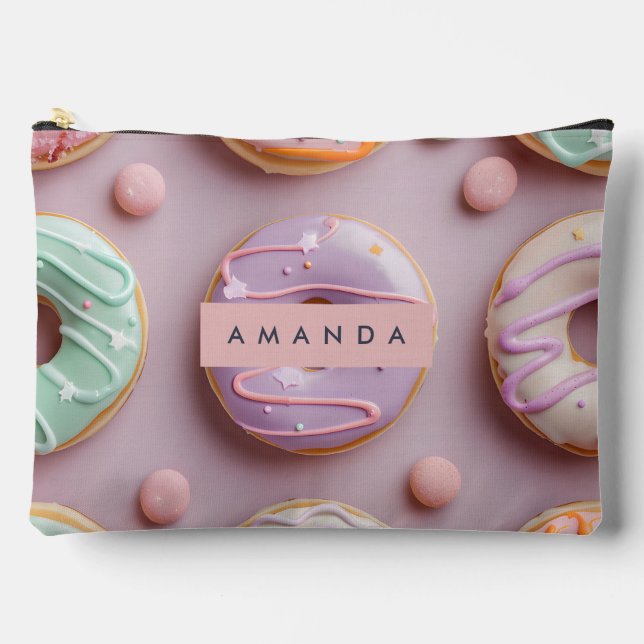Personalized Whimsical Pastel Donut & Macaron Accessory Pouch (Front)