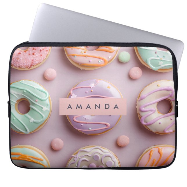 Personalized Whimsical Pastel Donut & Macaron Laptop Sleeve (Front)