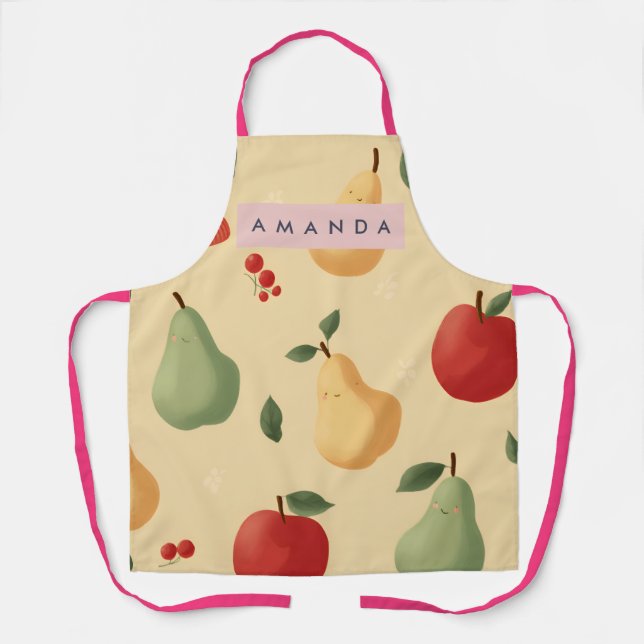 Personalized Whimsical Pear and Apple Pattern Apron (Front)