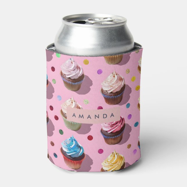 Personalized Whimsical Rainbow Cupcake Confetti Can Cooler (Can Front)