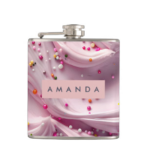 Personalized Whipped Pink Frosting with Sprinkles Hip Flask
